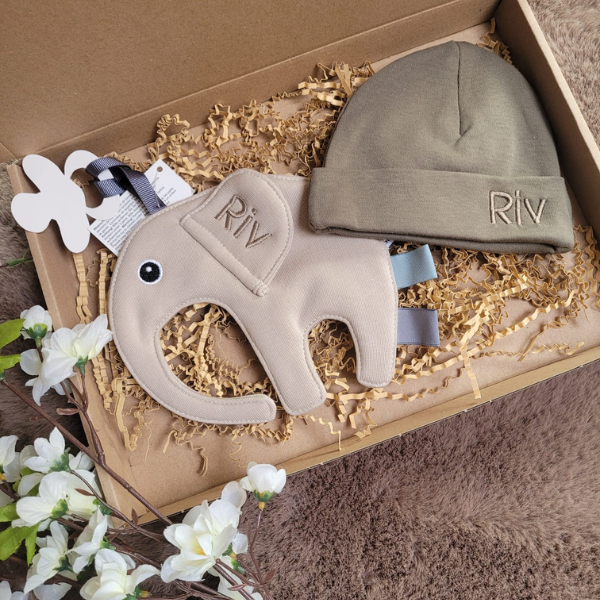 Knuffeldoekje-olifant-met-naam-geborduurd-Riv-origineel-kraamcadeau