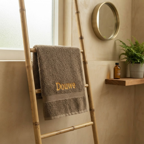 Een sfeerfoto in een rustige badkamer. De bruine handdoek met de goudgele borduring 'Douwe' hangt aan een houten bamboe rekje. Op de achtergrond een tadelakt muur en messing spiegel.