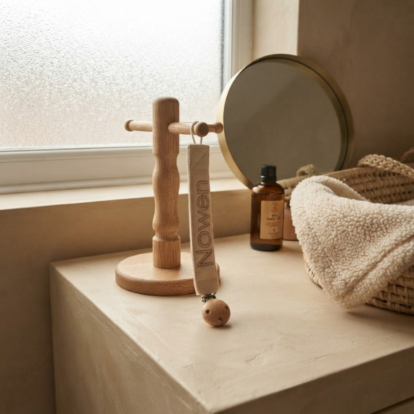 Een sfeerfoto in een rustige badkamer. Het beige speenkoord met de mosterdgele borduring 'Nowen' hangt aan een houten kapstokje op een tafel. Op de achtergrond een lichte muur en gouden spiegel.
