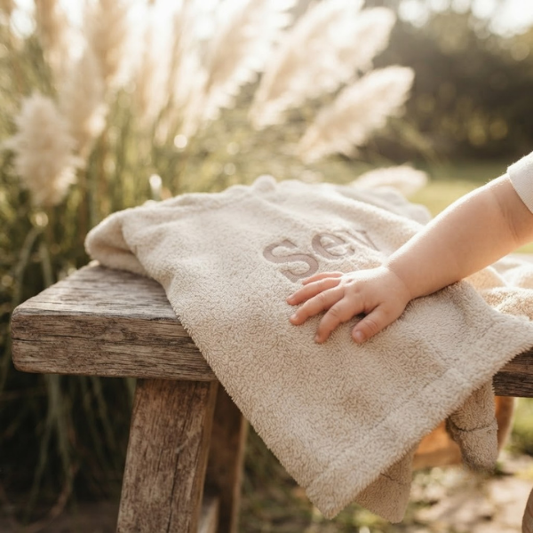 Een lifestylefoto buiten. Op een houten bankje in een tuin ligt het beige badcapeje met donkerbeige borduring 'Sev'. Een zacht babyhandje ligt op de badstof. Op de achtergrond is wapperend pampasgras te zien.