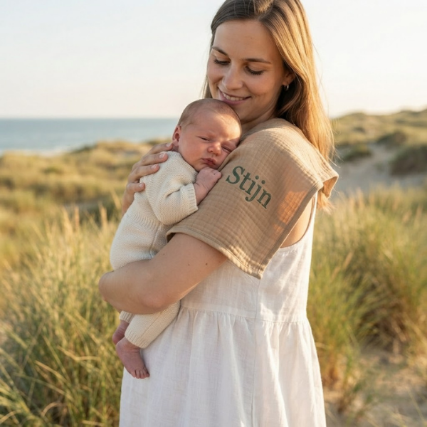 Een lifestylefoto buiten in de duinen. Een moeder met witte jurk houdt haar baby vast. De toffee-kleurige Funnies hydrofiele doek met 'Stijn' borduring in donkergroen ligt over haar schouder. Het kindje draagt een rompertje. Helmgras op de achtergrond.