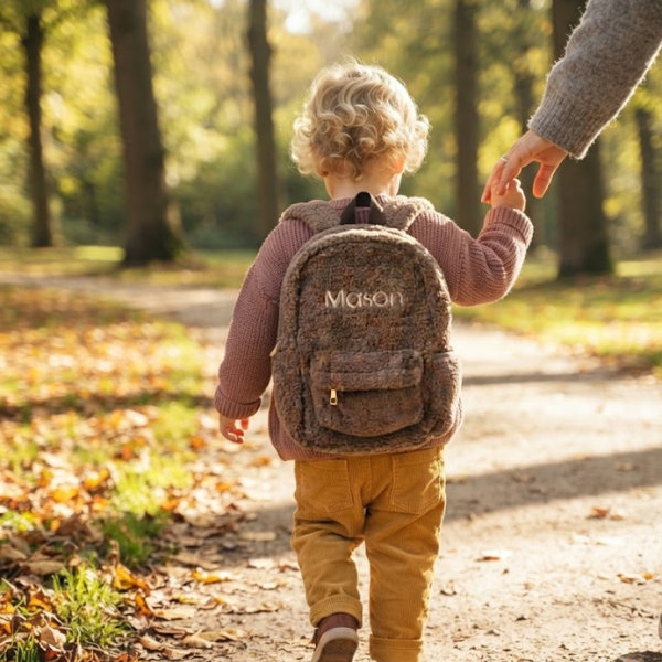 Een vertederend lifestylebeeld waarop een peuter van achteren te zien is tijdens een boswandeling in de herfst, dragende de donkerbruine teddy rugzak 'Mason' op de rug.
