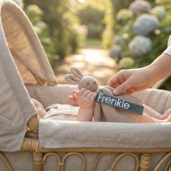 Een babyhandje houdt een knuffel vast waaraan het saliegroene velvet speenkoord met witte borduring 'Frenkie' is bevestigd, in een zonovergoten kinderwagen.