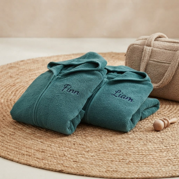 Een gestyled groepsportret van de complete collectie gepersonaliseerde lake green badjasjes. Beide badjasjes met de namen 'Finn' en 'Liam' liggen gevouwen op een linnen kleed, samen met een teddy tas en houten ring.