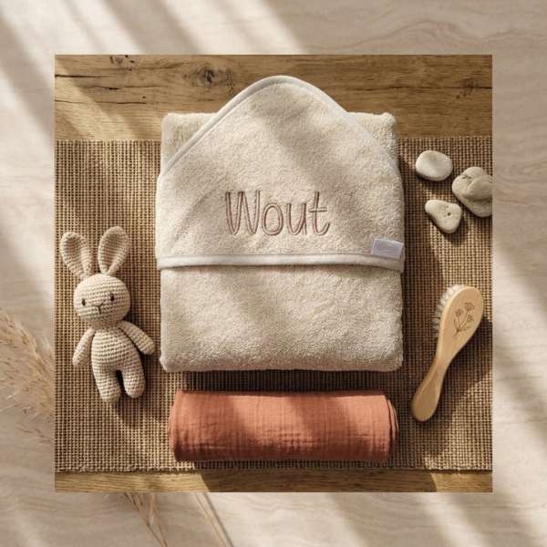 Beige badstof badponcho met sierlijke witte 'Wout' borduring op de muts, gepresenteerd op een geaderde travertijn ondergrond met zachte raamschaduwen